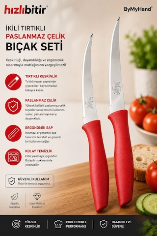 Bymyhand Paslanmaz Çelik Kırmızı Meyve Bıçağı Soyma Bıçağı Dilimleme Bıçağı 2'li Set