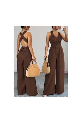 Meridefashion Kadın Askılı Halka Detaylı Arkadan Çapraz Kahverengi Tulum S/m