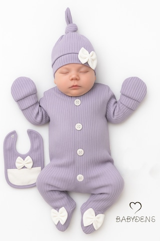 Babyden's 4 'lü Kız Bebek Fitilli Yenidoğan Bebek Tulum Seti %100 Pamuklu Hastane Çıkışı Lila