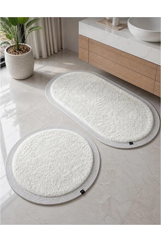 Kaymaz Taban Peluş Banyo Paspası Seti Beyaz Rengi Jüt Kenar Detaylı 2'li Oval Yuvarlak 100x60 60x60