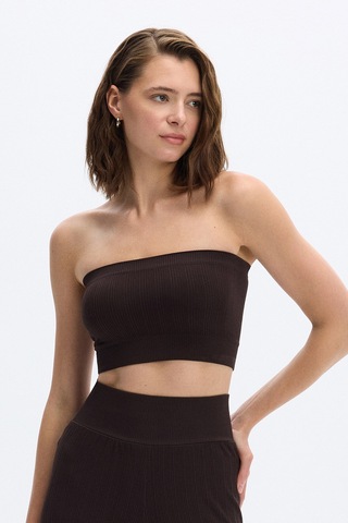 SubTone Dikişsiz Rib Dokulu Straplez Crop Top Koyu Kahve Kahverengi