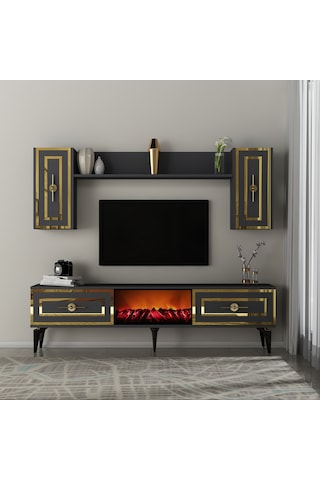Violla Şömineli Tv Ünitesi Takımı Antrasit-altın