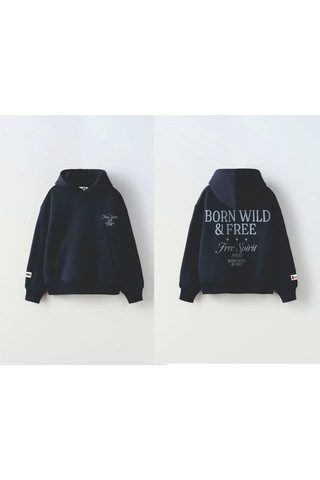Unisex Koyu Mavi Renk Slogan Yazılı 3 İplik Şardonlu Kapüşonlu Sweatshirt Gri - Siyah