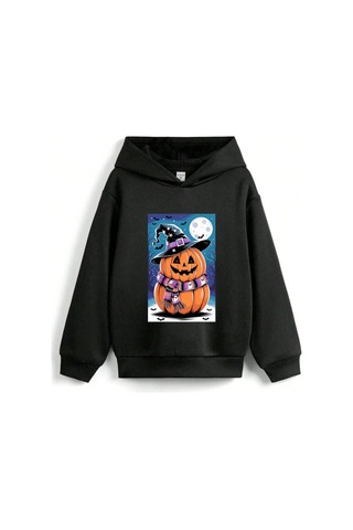 Stil X Halloween - Cadılar Bayramı Baskılı, Kapüşonlu Çocuk Sweatshırt, 3 İplik Şardonlu Siyah-5
