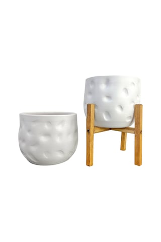 Bitki Tasarımı Ev Dekorasyon Aksesuar Beyaz Desenli Toprak Saksı Saksılık Salon Çiçeklik İkili Set Ayaksız - 4 Ayaklı 19 Cm 1
