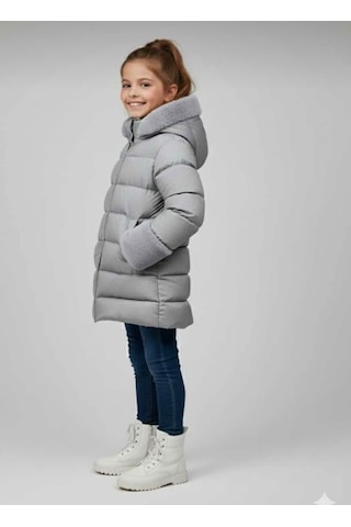 Boutiguestyles Kız Çocuk Şişme Mont Kürklü Gri Sedefli Işıltılı Çıkarılabilir Kapüşonlu Fermuarlı Gri