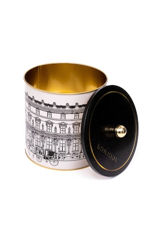 City Bonjour Desenli Topuz Kulplu Yuvarlak Metal Saklama Kabı 17.5 x 18 CM 4.1 L