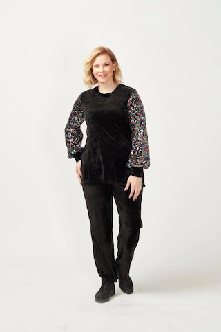 3232 Siyah Kadife Kolu Disko Payetli Büyük Beden Bluz Siyah