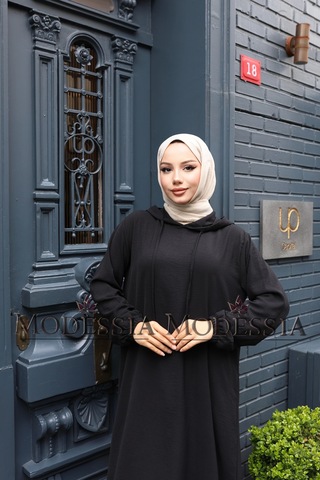 Kadın Siyah Aerobin Uzun Kapşonlu İkili Takım T0221 Siyah