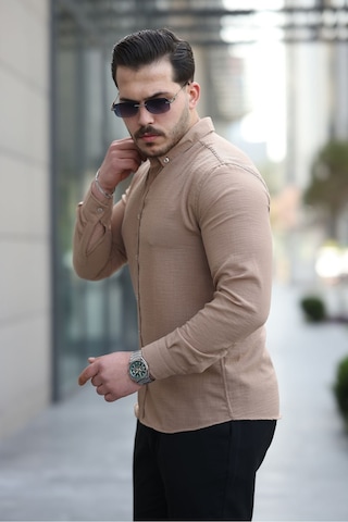 Mero Life Erkek Taba Basic %100 Pamuklu Dökümlü Kumaş Uzun Kollu Salaş Gömlek Taba