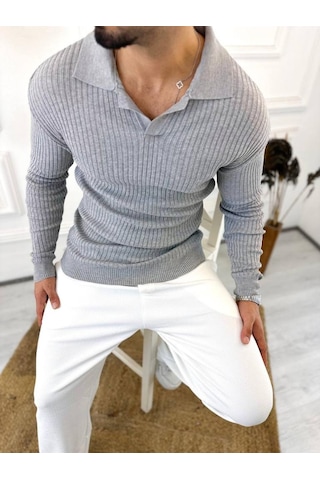 Elku Moda Kazak Slim Fit Polo Yaka Fitilli Yumuşak Dokulu Tüylenmez Sweatshirt Gri