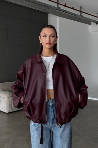 Karabulut Kadın Oversize Deri Ceket Oversize Relax Fit, Fermuarlı Kemer Detaylı Günlük Kadın Ceket Bordo Bordo