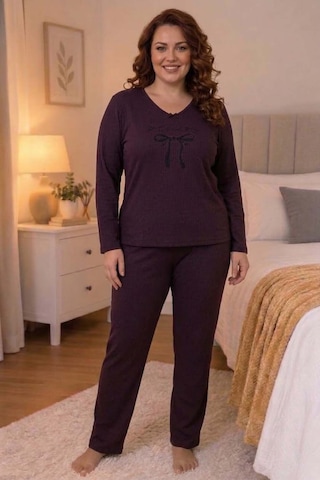 Büyük Beden Kadın Baskılı Kaşkorse Pijama Takımı Mürdüm