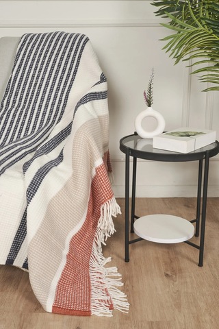 Villadia Home Textile Cozy Skoç Desenli Püsküllü Pamuklu Tv Battaniyesi 150x200 Cm Tek Kişilik Koltuk Şalı Diz Battaniyesi Dekoratif Battaniye Mavi - Turuncu