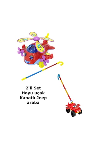 Hayu Uçak Helikopter Jeep Kanatlı Araba Baston Saplı Sopalı Itmeli Oyuncak 23 Cm 2'li Set