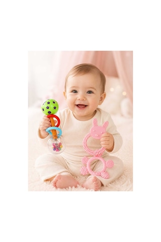 3lü Çıngıraklı Diş Kaşıyıcı Set Pembe