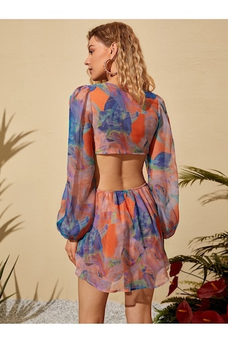 Fashion Cocktail Derin Dekolteli Bağlamalı Uzun Kollu Şirin Astırı Şortlu Bağlamalı Tulum Mavi