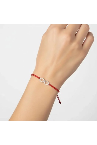 G&a Jewels - Sonsuzluk - 925 Ayar Gümüş 0.01ct Pırlanta Taşlı Kırmızı İpli Bileklik Gümüş - Kırmızı