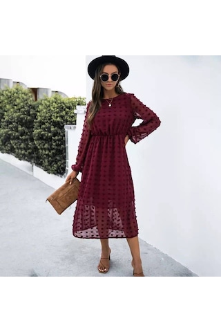 Kadın Uzun Kollu Astar Detay Fırsat Ürün Ponpon Şifon Elbise Bordo