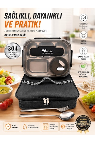 Valkyrie 304 Paslanmaz Çelik Lunch Box 2400 Ml Termal Taşıma Çantalı 5 Bölmeli Sızdırmaz Yemek Kabı Çatal Kaşık Dahil Siyah