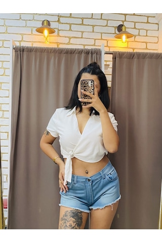 Tuba Toptaş Keten Bağlamalı Crop Bluz Bej