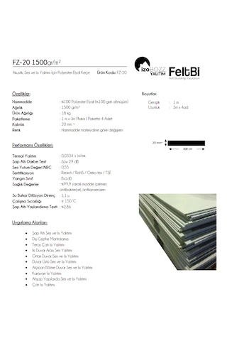 İzobozz&feltbi 20mm 1500 Gr/m2 Isı Ve Ses Yalıtımı Polyester Elyaf Keçe