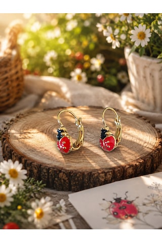 Uğur Böceği Figürlü Kadın Küpe Kırmızı Gold Renk Bijuteri Tasarım