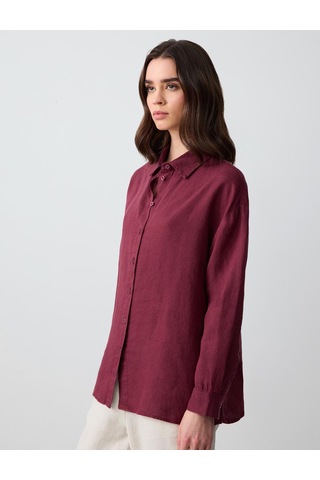 Jimmy Key Bordo %100 Keten Düz Kesim Uzun Kollu Dokuma Gömlek 5sw082558562