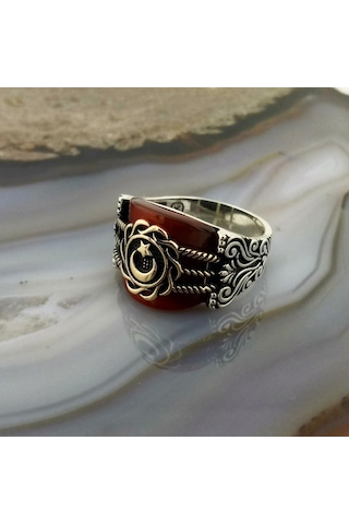 Fkgümüş Akik Taşlı Ay Yıldız Erkek Yüzük