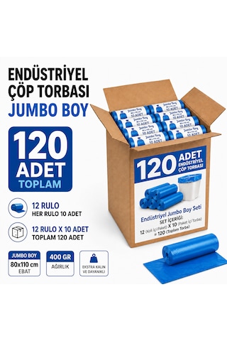 Endüstriyel Çöp Torbası Jumbo Boy 80x110 Cm 400 Gr 12 Rulo 120 Adet Mavi Çöp Poşeti