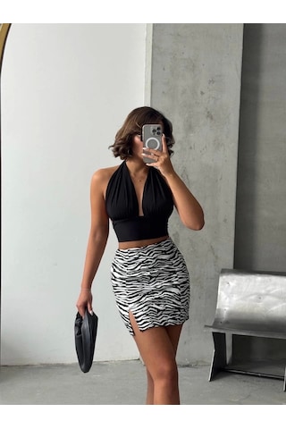 Tek Yırtmaçlı Zebra Desenli Deri Etek Beyazsiyah W24475-s Beyaz