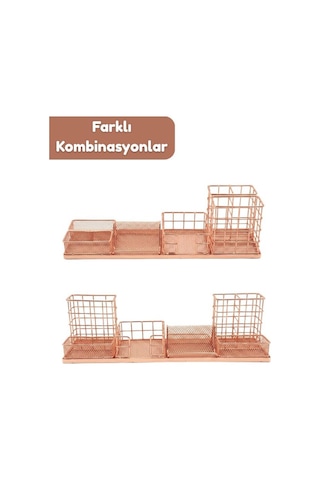 Temel Rose Gold Metal Mesh Modüler Masaüstü Organizer Seti 7 Parça 37x10 Cm 9519