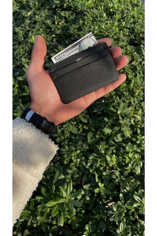 Unisex Mat Black Mini Design Hakiki Deri Kartlık Cüzdan Erkek - Kadın Siyah
