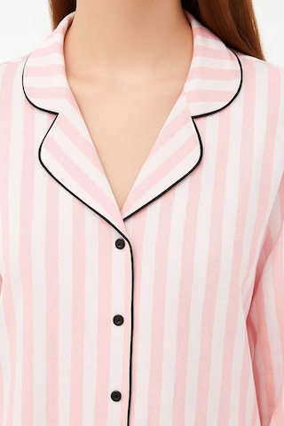 Çizgili Pembe Renk Gömlek Uzun Kol Pijama Takımı Pembe