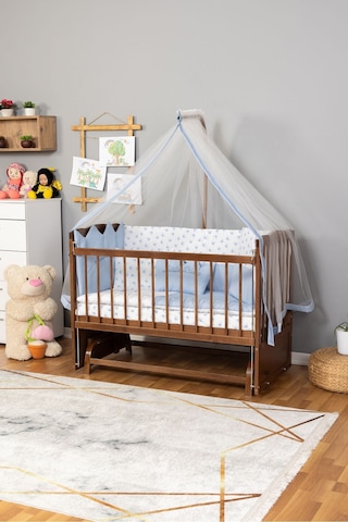Ahşap Beşik Anne Yanı Beşik Ceviz 60x120 Mavi Prens Erkek Uyku Seti Yatak Ceviz