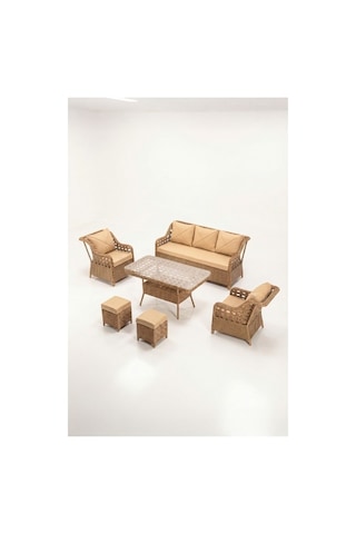 Dora Garden Home Ecem 7 Kişilik 3+1+1 2 Adet Puff Hediyeli Rattan Bahçe Takımı Kahverengi Siyah Çizgili