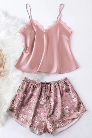 Merry See Dantel İşlemeli Çiçek Desenli Şort Pijama Takımı Pembe