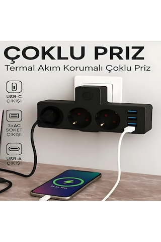 Akım Korumalı 3'lü Priz Çoklayıcı 3 Usb-a 1 Usb-c Çoklu Şarjlı Uzatma Prizi Güvenlik Korumalı Diğer
