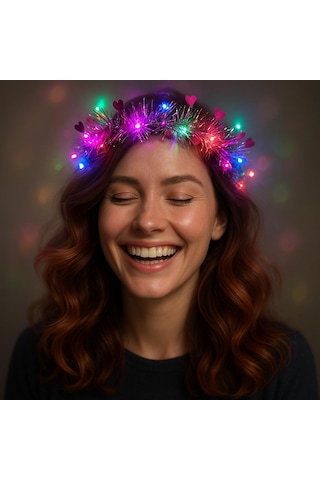 Kalp Püsküllü Gece Parıltısı 3 Modlu Led Li Işıklı Taç Fuşya Renk
