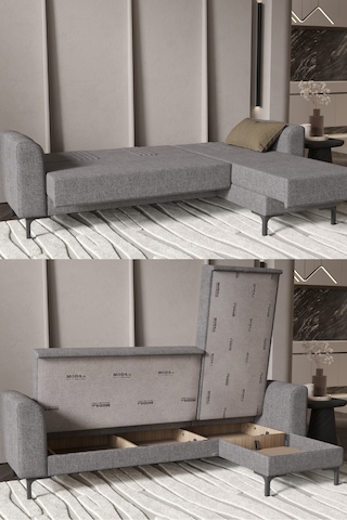 Rio Köşe Takımı Salon & Oturma Odası Açılır Yataklı Sandıklı Gri Gri