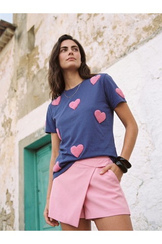 Onloox Kadın Lacivert Lacivert Pamuklu Bisiklet Yaka Kısa Kollu Basic Form Süzene Kalp Nakış Detaylı T-shirt