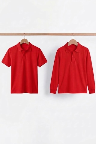 Nacar Store Unisex Çocuk Uzun Ve Kısa Kollu Polo Yaka Okul Tişörtü 2'li Set Kırmızı
