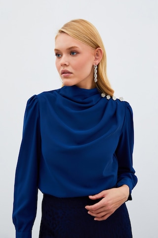 Sateen Düğmeleri Taş Detaylı Bluz - Lacivert-134895 Lacivert