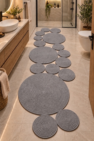 Bohem Asimetrik Jüt El Yapımı Yuvarlak Detaylı Jüt Hasır Görünümlü Dekoratif Kilim, Organik Form Modern Banyo Mutfak Koridor Halı Kilim Paspas Doğal Tasarım Gri 934606952 Gri