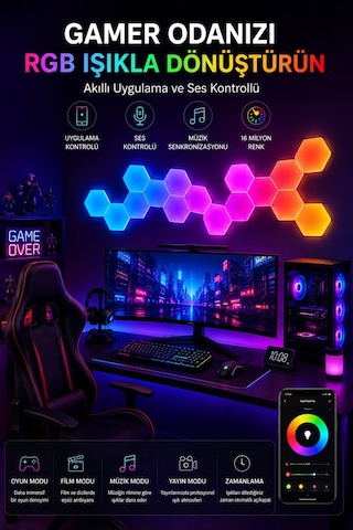 Hexagonel Oda Işığı Birleştirilebilir Rgb-ıc Telefon Ve Kumanda Kontrollü 6 Lı Yok