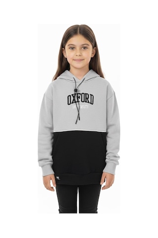 Kapşonlu Oxford Baskılı Kanguru Cepli Kız Çocuk Sweatshirt-90862 Gri