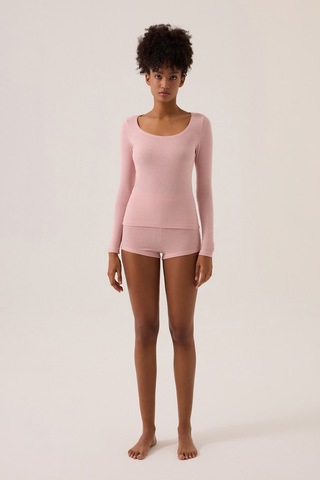 Los Ojos X Ece Pembe Modal Kumaşlı Uzun Kollu Şortlu Pijama Takımı Ribbed Pj Pembe Pembe