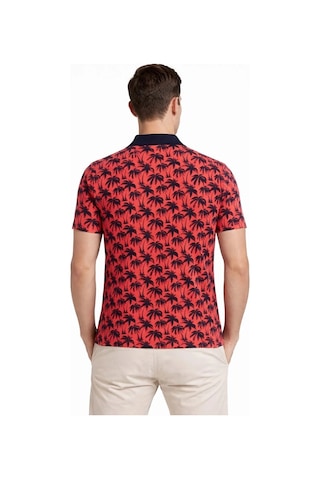 Erkek Pike Kumaş Polo Yaka Palmiye Desenli Tişört Kısa Kol Yazlık T-shirt - Kırmızı Çok Renkli