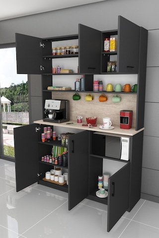 %100 Mdflam Kahve Köşesi Çok Amaçlı Mutfak Dolabı Kahve03 Antrasit - Sidon Antrasit - Sidon