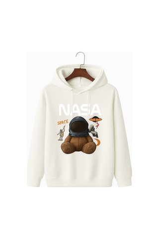 Kokina 3 İplik Penye Unisex Nasa Ayıcık Baskılı Kapüşonlu Sweatshirt Beyaz